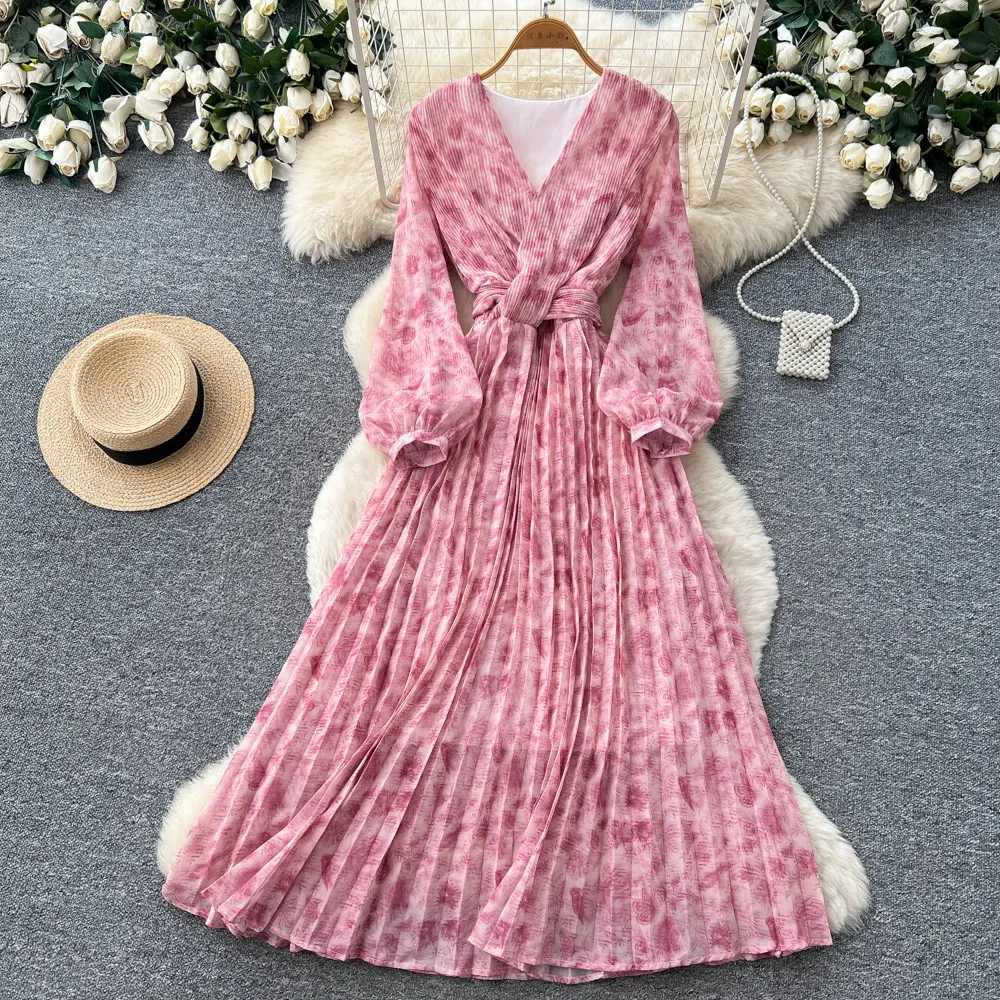

Long Dress Women Dresses A Line Vestidos Y2k Streetwear V Neck Lantern Sleeve Tigth Waist Elegant Print Party Night Work 2026