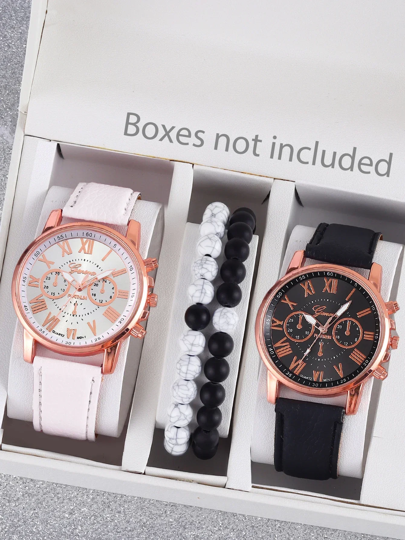 4PCS classic fashion black and white PU leather women's men's quartz watch with beaded bracelet set couples gift