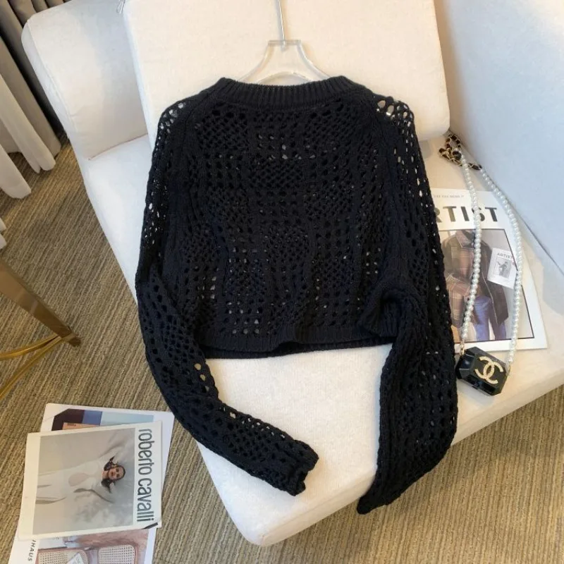 Thin Short Sweater Pullover Women\'s Jumper Korean Fashion Knitted Tops Summer Hollow Out Sexy Casual Streetwear Chic Style N854