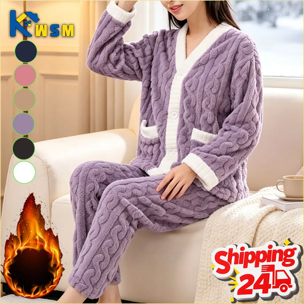 Womens Winter Cardigan Coral Fleece Double Thick Warm Pajama Set Cozy Soft Sleepwear Loungewear for Home Bedroom Holiday Gift