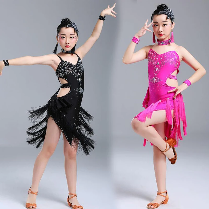 Glands paillettes filles salle de bal danse latine vêtements enfants Salsa compétitions Costumes filles patinage artistique robe Rave vêtements