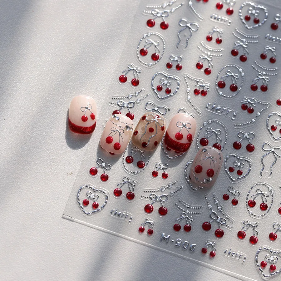신선한 달콤한 과일 딸기 체리 Bowknot 러브 하트 5D 네일 아트 스티커 자기 접착 장식 네일 매니큐어 데카