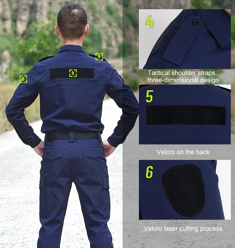 Ropa de guardia de seguridad uniforme de policía de secado rápido traje de trabajo azul negro conjunto de entrenamiento táctico para hombre