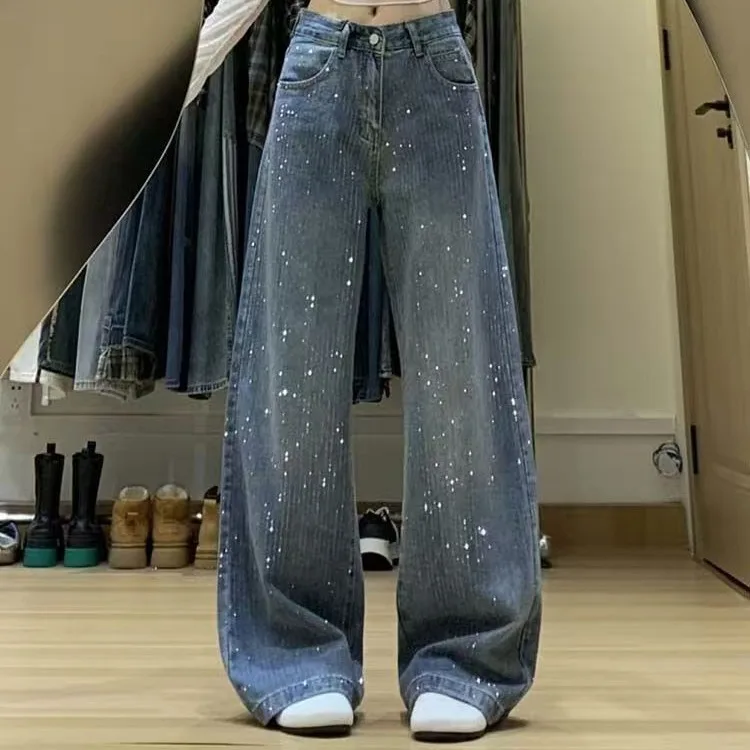 

Retro Blue Wide-leg Pants Women's Autumn New Thin Loose and Versatile American Fine Flash Diamond Denim Straight-leg Pants