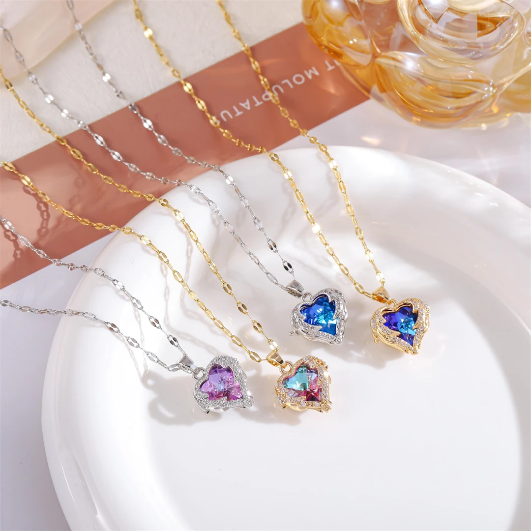 Luxury Colorful Crystal Ocean Heart Pendant Necklace For Women Korean Fashion Stainless Steel Neck Chain Female Wedding Jewelry