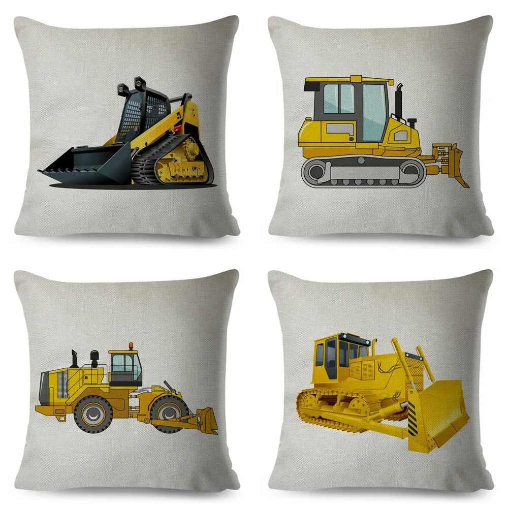 Cartoon Excavator Bulldozer Cushion Cover for Sofa Home Children Room Decor Car Toy Print Pillowcase Polyester Pillow Case 45x45