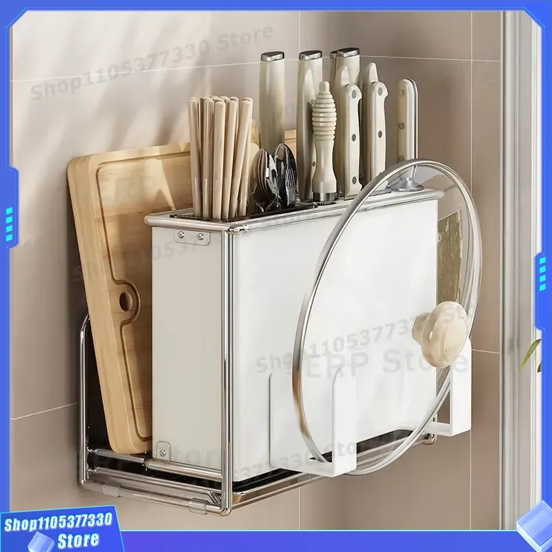 Black Metal Knife Holder Wall Mounted Desktop Kitchen Storage Rack Multi Functional Dish Drying Stand Household Cutlery