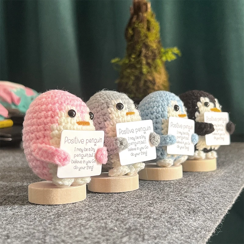 Cute Smiling Penguin Doll Mini Animal Knitted Ornament Hand Woven Doll With Positive Card Encouragement Emotional Support Craft
