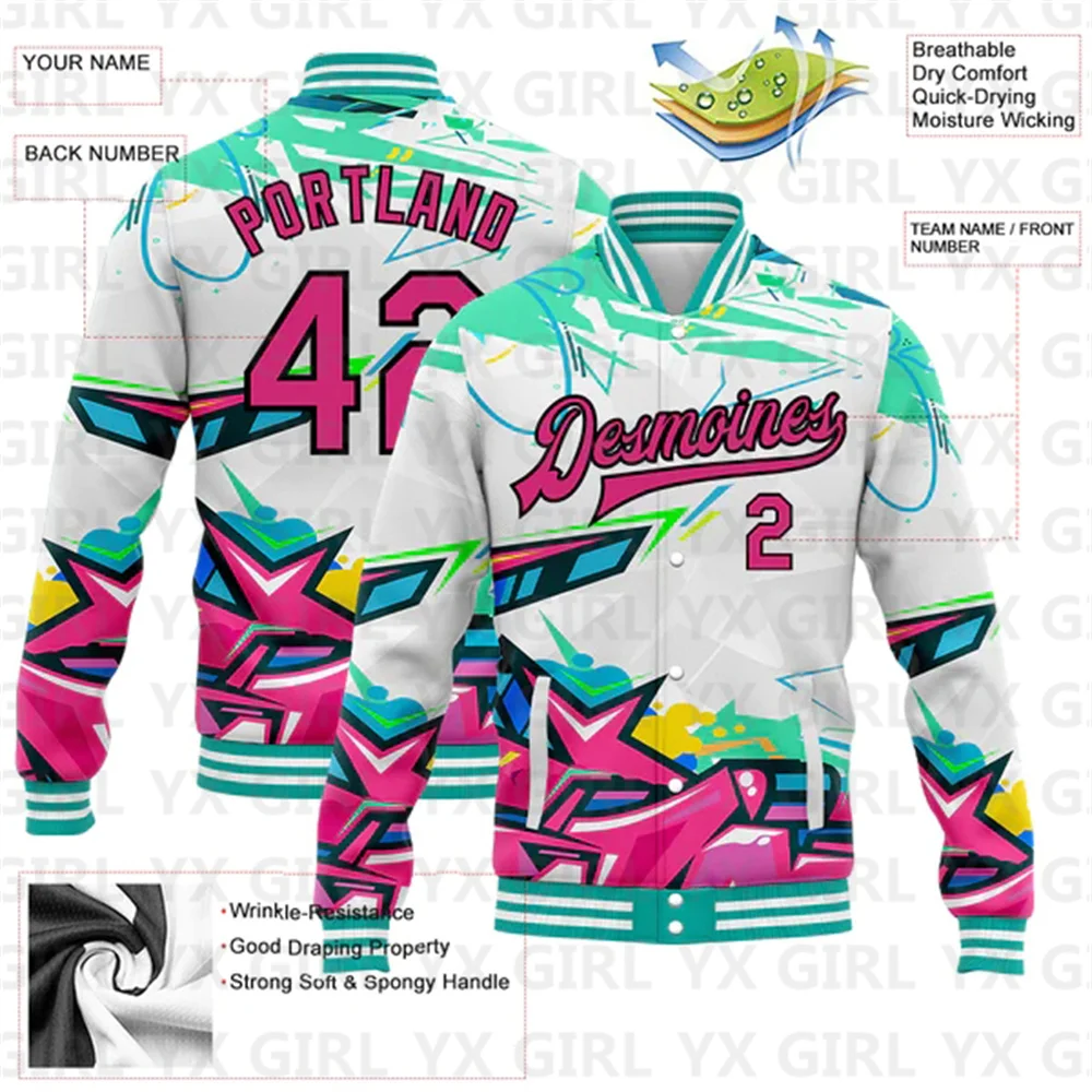 Custom Graffiti Pattern Pink-Black Abstract Splashes 3D Bomber Full-Snap Varsity Letterman Jacket 3D Baseball Button Jacket