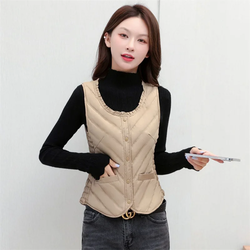 Women Short Autumn Winter Down Waistcoat Coat Ruffles Light Thin White Duck Down Vest Jacket Ladies Sleeveless Warm Tank Parkas