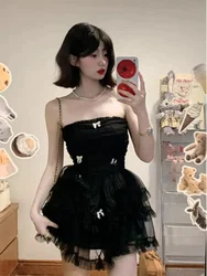 Even Party Black Dress Women Casual Corset Y2k Mini  Office Lady Sleeveless Bodycon Lace One Piece  Korean