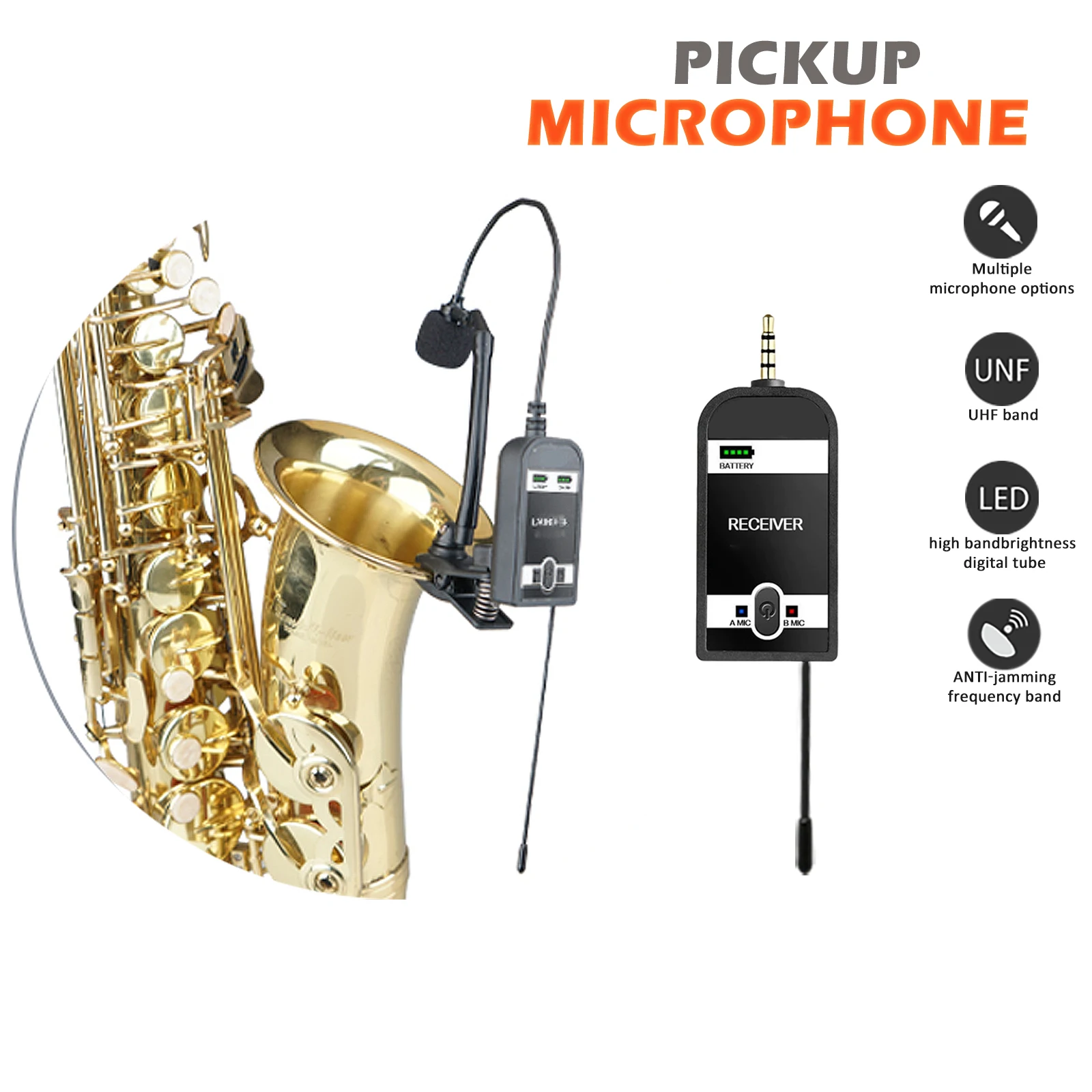 

Professional Instrument Gooseneck Wireless Saxphone Microphone for Sax Tuba,Trumpet,Cornet,Horn,Clarinet