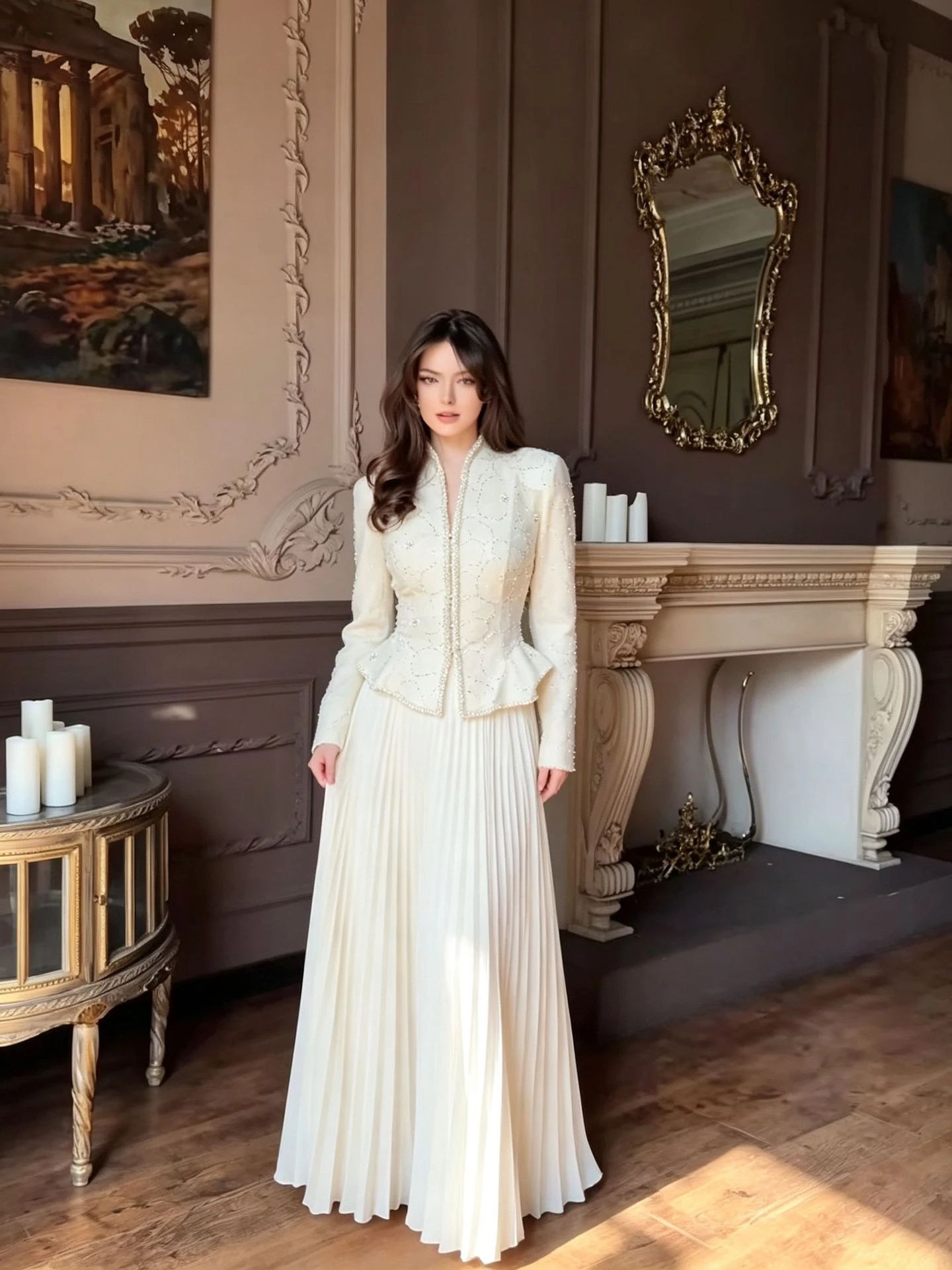 Vintage Long Sleeve Prom Dress Beaded Fitted Peplum Top Lace‑Up Pleated Maxi Skirt Two‑Piece Party Gown Elegant Evening Robe