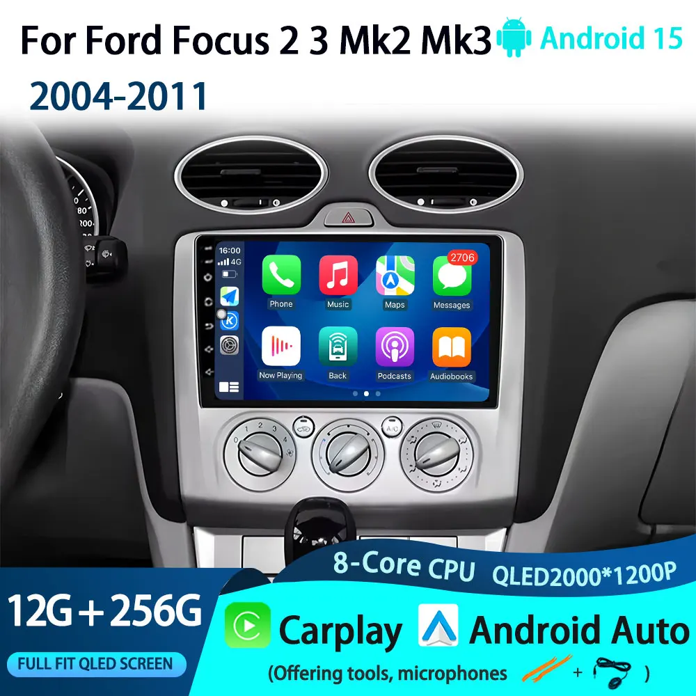 Car Android 15 GPS Navigation For Ford Focus 2 3 Mk2 Mk3  2004-2011 Auto Radio Stereo Multimidia Video Player QLED NO 2DIN 4G