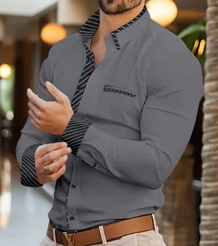Camisa casual masculina, primavera e outono manga longa escritório de negócios retalhos lapela bolso moda estilo solto camisa de algodão