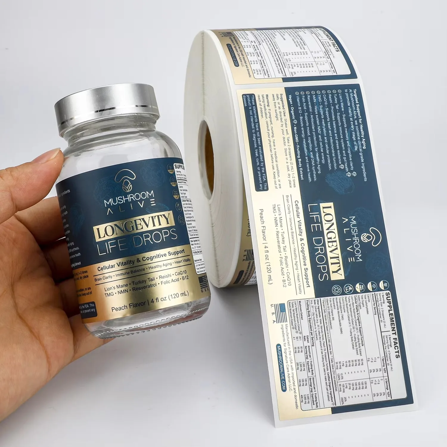 1000 قطعة ملصقات مقاومة للماء مخصصة | ملصقات لفة ذاتية اللصق BOPP | تغليف الزجاجات الطبية لمكملات الفيتامين