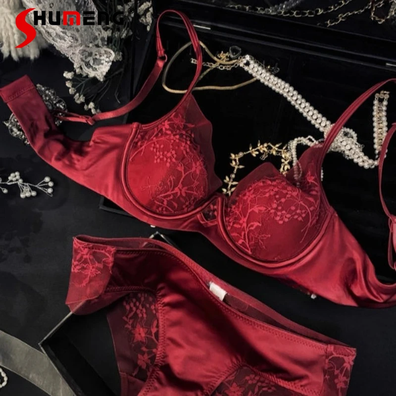 French Lace Bra Set for Women Satin Chest Push Up Anti-Sagging Brief Suits Female Large Chest Sexy Underwear Intimates