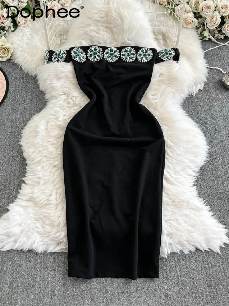 

Sexy Off-the-shoulder Dress Sexy Backless Black Dress Women Heavy Industry Diamond-encrusted Dresses Elegant Temperament Dress