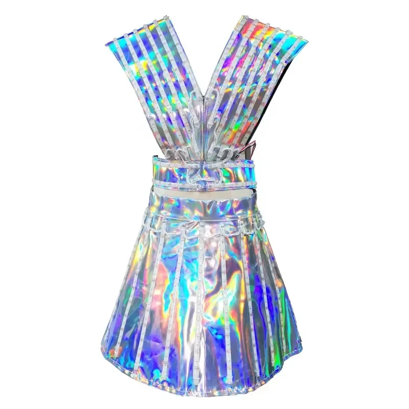 Silver LED Dance Costume Full Color Remote Control Glow Dress for Halloween Party Club Bar Show Performance Polyester Outfit