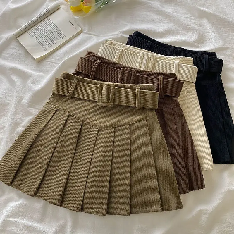 Gonna a pieghe con cintura in cordoncino Texture scatola di velluto a coste Minigonna a pieghe con cintura Donna Adolescente-ragazza Academy School Autunno Inverno Outfit