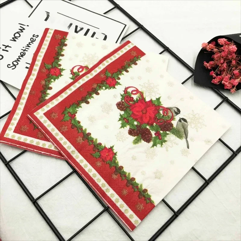 20pcs/Pac 33*33cm 2-Ply Christmas Style Red Lace Bird Colourful Printed Napkin Festive Party Paper Napkin Mouthcloths