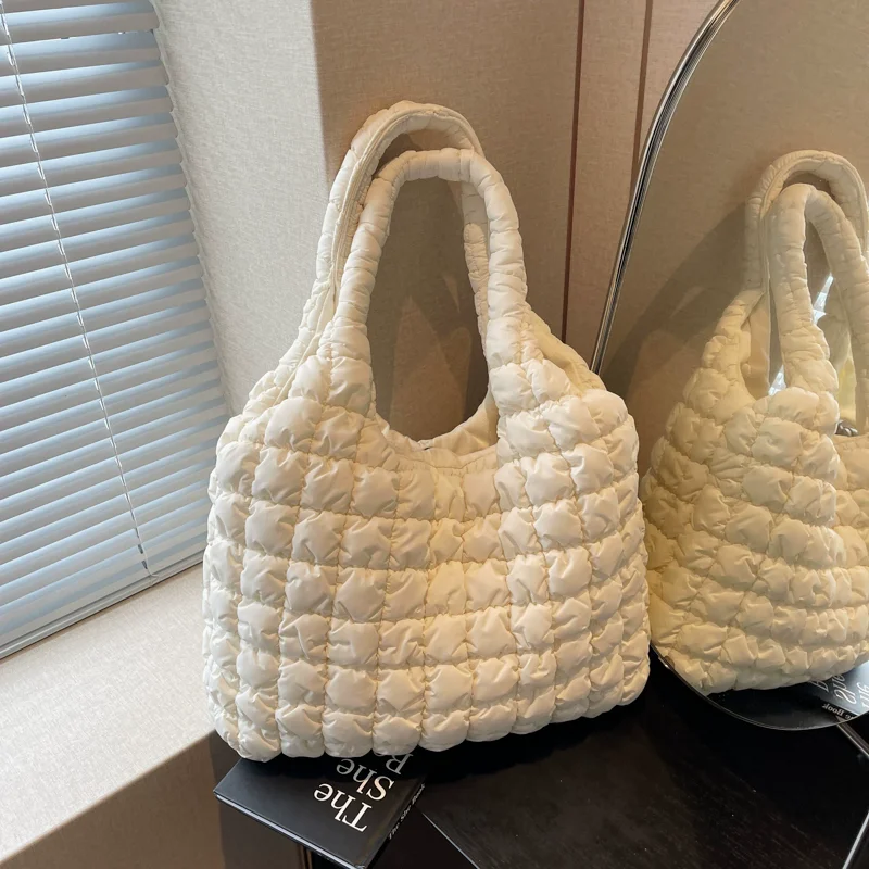 

Women Bag Pleated Handbag Large Capacity Down Bag Big Shoulder Female Solid Color Space Cotton Padded Dumpling Shopping Totes