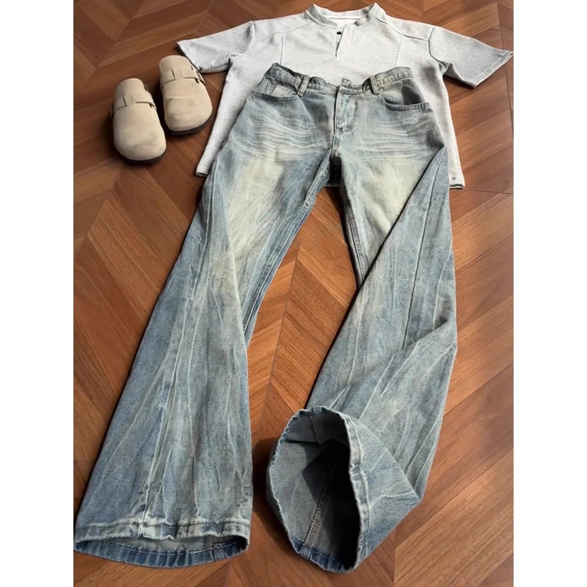 American High Street Style Fashion Men Light Blue Straight Simple Basic Casual Trendy Denim Trousers Male Jeans Pants Clothes