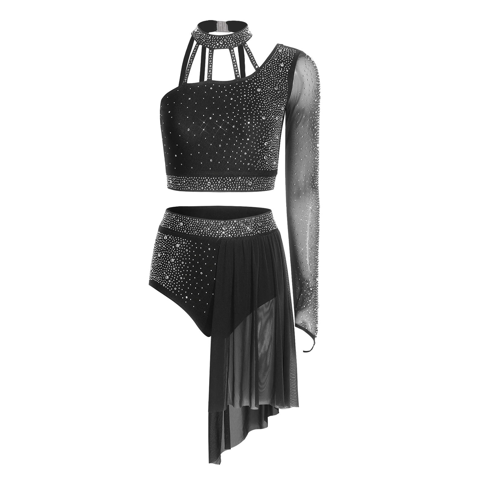女性叙情的なダンスレオタードセットフィギュアスケートモダン衣装ラインストーンクロップトップとスカート新体操バレエダンスウェア