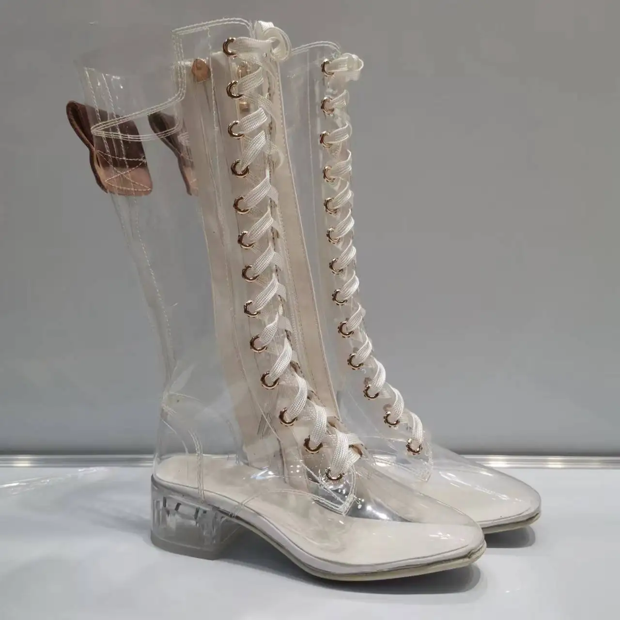 Clear PVC Transparent Lace -Up Knee Boots 3 CM Crystal Chunky Heels Short Booties Shoes Woman Lucency Stage Performance Boots