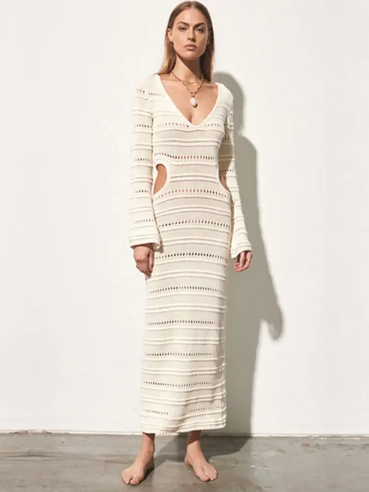 White V-neck Cut Out Bell Sleeve Tunic Crochet Slim Dresses Beachwear Swimsuit Cover Up Summer Party Sexy Beach Maxi Dress A2382