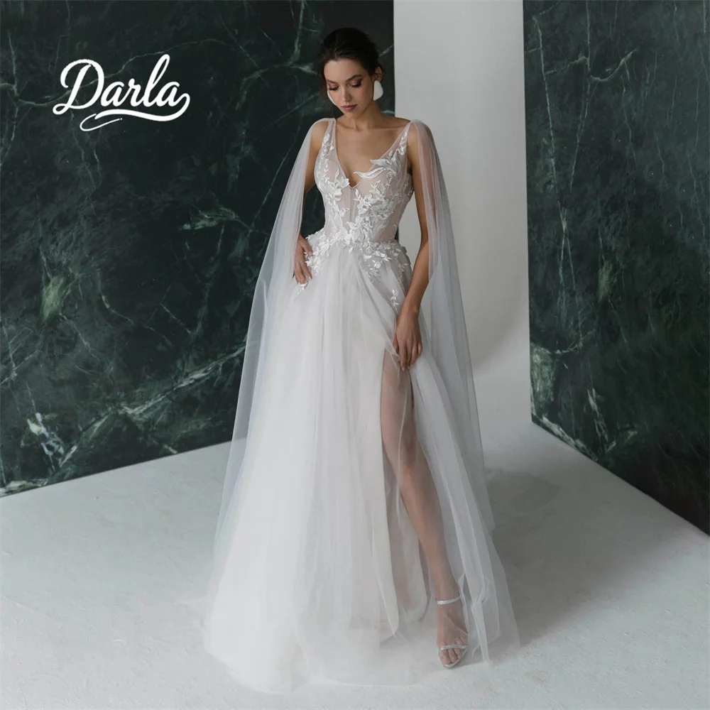 

Darla Customized V-Neck Appliques Embroidery Lace A-Line Sweep Train Tulle Wedding Dress High Split Long Sleeve Morden Elegant