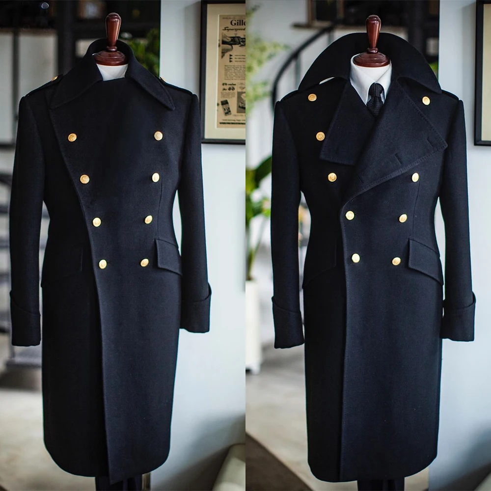 

Navy Blue Men Wool Overcoat Winter Thick Warm Formal Double Breasted Long Coat With Metal Button Custom Made Jacket Kingcoat