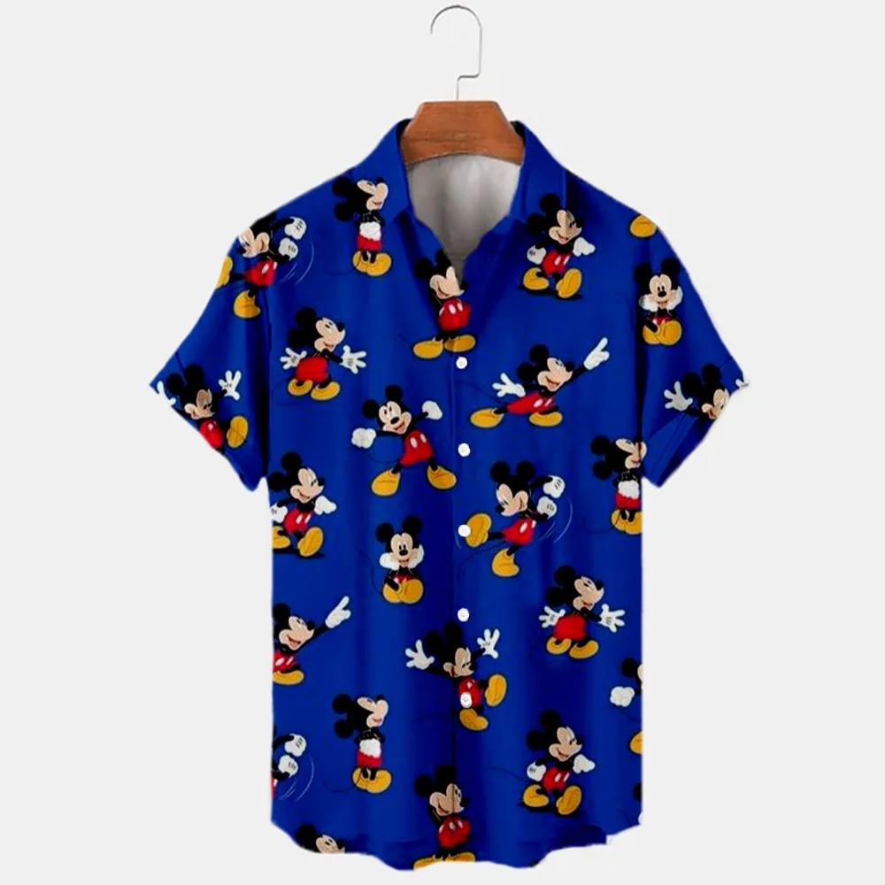 New Summer 2024 Disney Winnie The Pooh And Mickey Brand Cartoon Casual 3D Printed Short Sleeve Lapel Shirt Slim Fit Men\'s Top