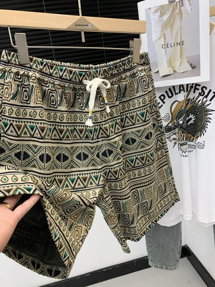 

Vintage Ethnic Sle West Coast een Casual Loose Men's Beach orts Five-Quarter Length Trendy Straight Leg High Waist