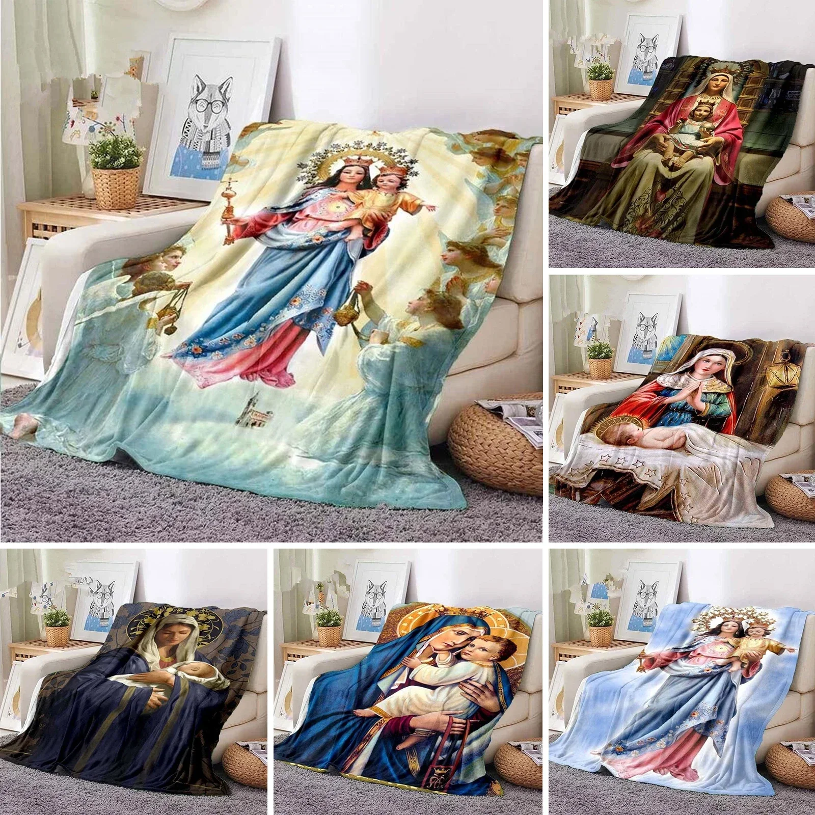 Virgin Mary Flannel Blanket Fluffy Lightweight Fleece Throw Blanket Comfort Soft Warm Baptism Cozy Nursery Bedding Decor Bedroom