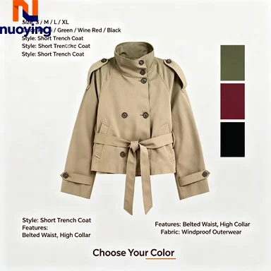 Manteau trench à double boutonnage à col montant pour femme, coupe-vent uni à manches longues avec cordon de serrage, vêtement d'extérieur décontracté