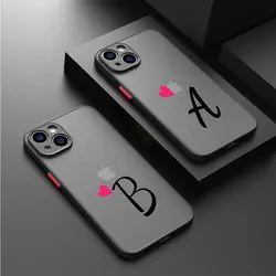 Initial Letter A-F Heart Couples Phone Case for iPhone 14 15 16 Pro Max Plus 12 13 11 Pro Max SE 7 8 XR XS 12 Mini Matte Soft
