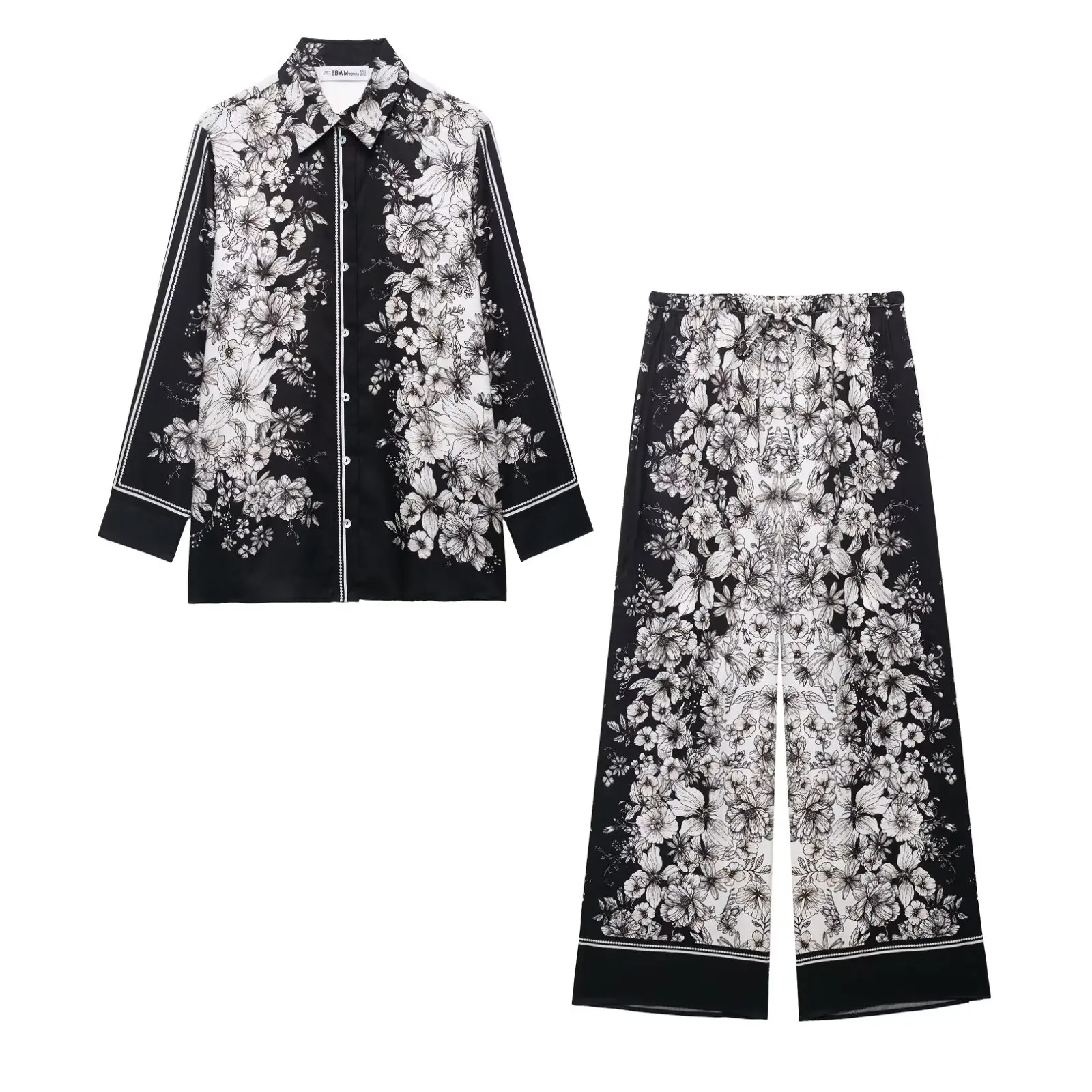 

Floral Print Long Shirt+Drawstring Trouser Suit Women Summer Turndown Collar Long Sleeve Blouse Vintage Casual Loose 2 Piece Set