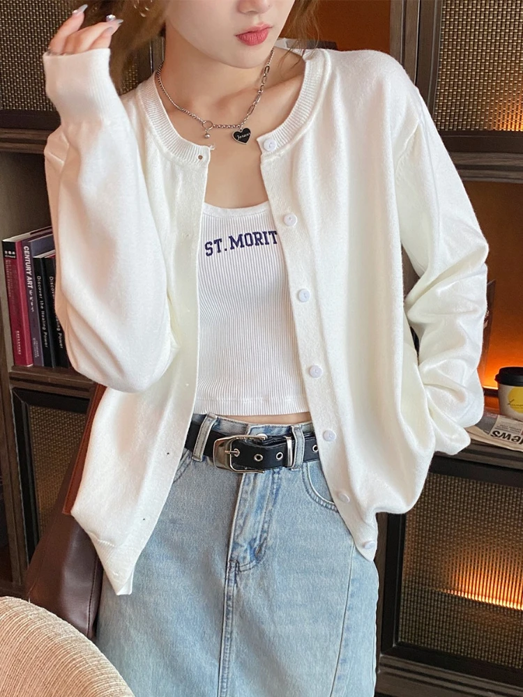 AOSSVIAO 2026 Autumn Winter Apricot O-Neck Knit Women Cardigan Solid Cropped Thin Sun Protection Long Sleeve Sweater Outerwear