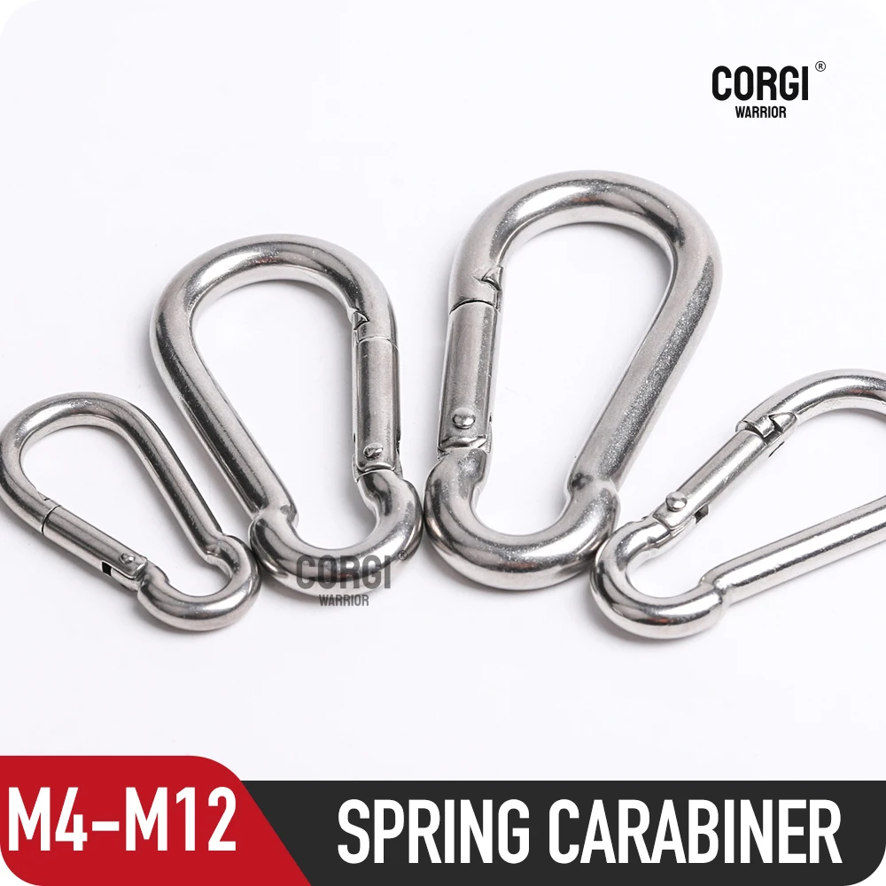 304 aço inoxidável Primavera Snap Hook, Carabiners Clips, Heavy Duty, Bloqueio para escalada, M4, M5, M6, M7, M8, M10, M11, M12