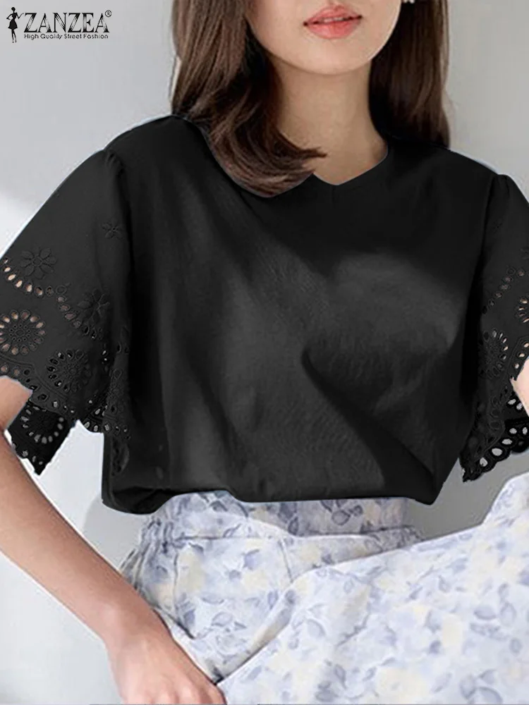 

2024 ZANZEA Elegant WomenBlouse Fashion Lace Crochet Shirt Casual Solid Work Office Tops Female V Neck Short Sleeve Loose Blusa