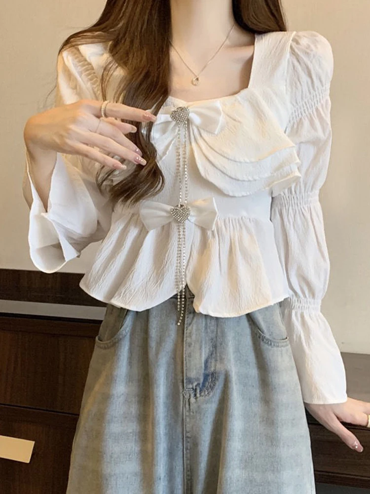 

French Style Blouse Women Elegant Square Collar Flare Sleeve White Shirts Female Korean Fashion Sweet Bow Ruffles Slim Crop Top