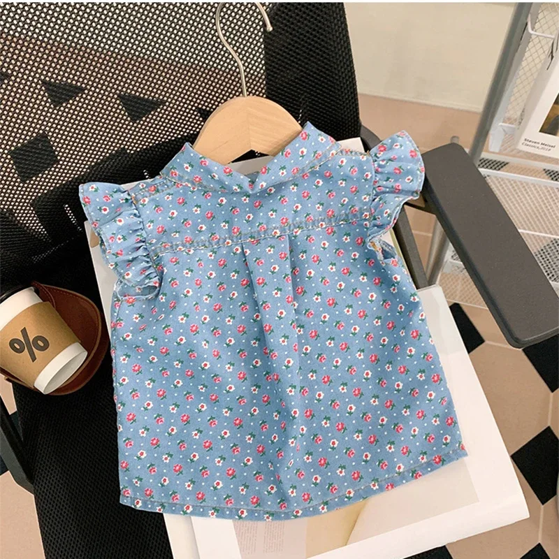 Summer Kid\'s Clothing Sets 3-7Y Girls Floral Print Petal Sleeves Lapel Shirt & Shorts 2Pcs Suit Childrens Imitation Denim Outfit