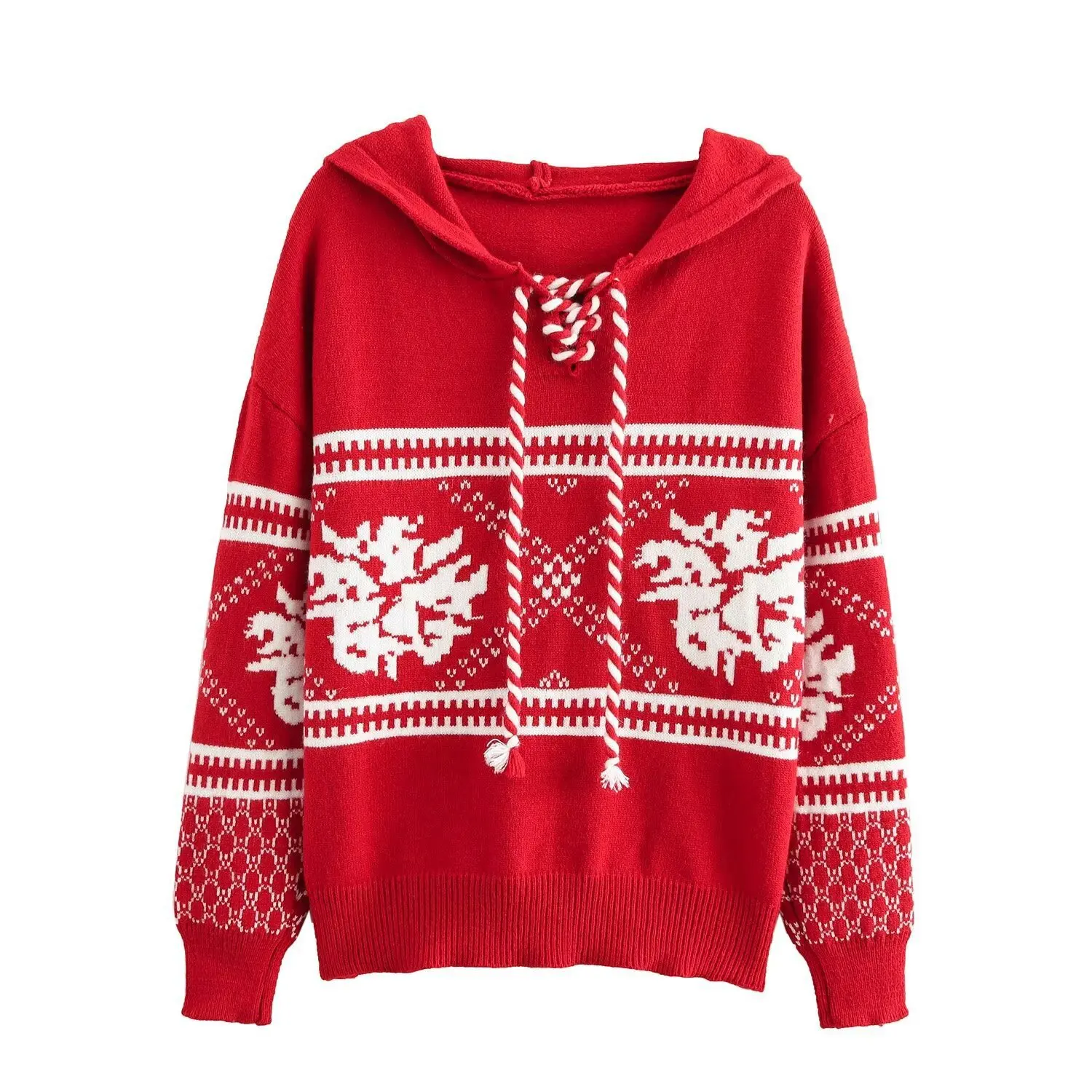 

Christmas Style Jacquard Knitted Hoodie Sweater Women Streetwear Fashion Loose Drawstring Hooded Knitwear Clothing Female 2025