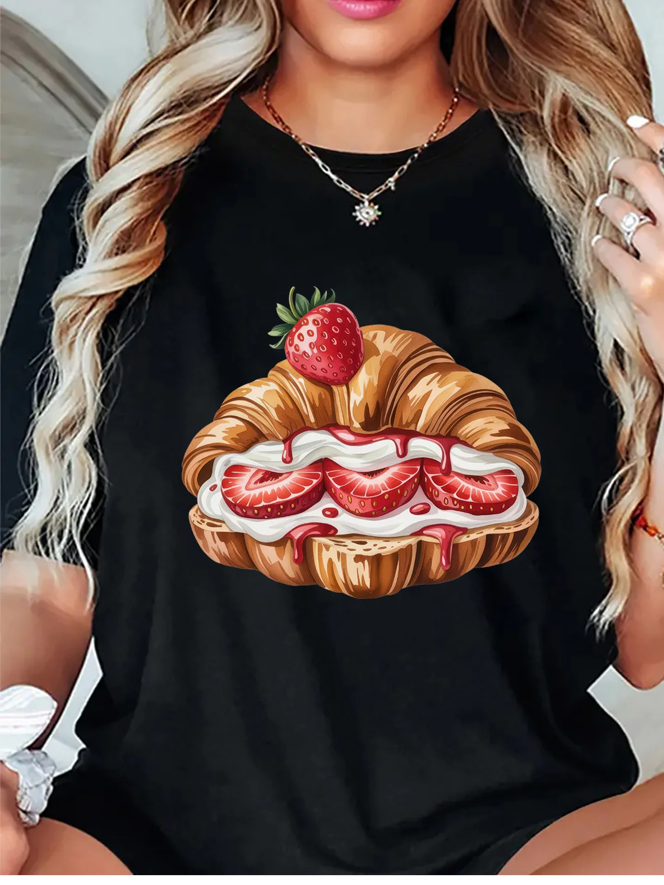 Strawberry Cream Croissant Pastry Graphic Womens T Shirt Short Sleeve Crew Neck Yummy Sweet Food Casual Daily Ladies Tee Tops