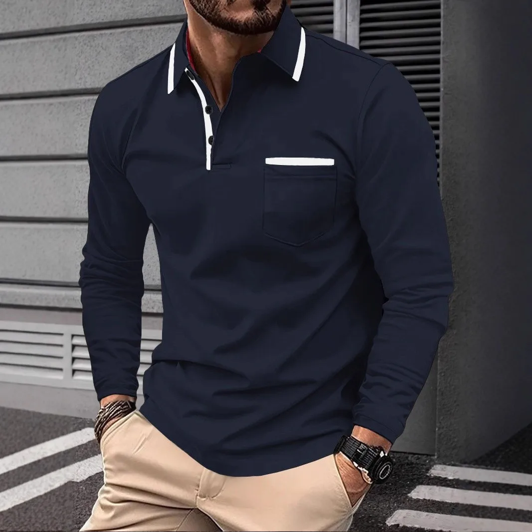 Autumn Men's Casual Long Sleeved Polo Shirt with Pockets Made of 100% Polyester Knit Fabric Regular Style Solid Color Elastic image 5