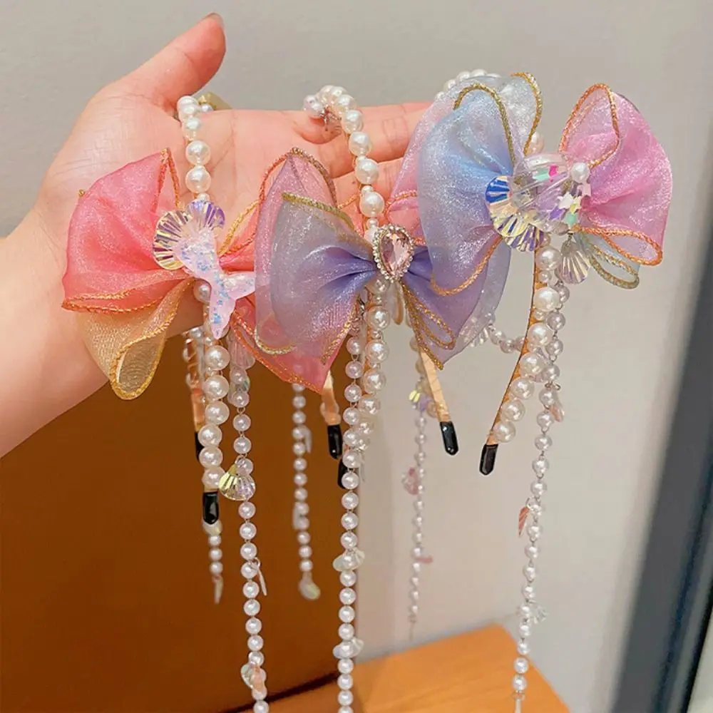 

Elegant Bowknot Headband Exquisite Elastic Faux Pearl Headband Temperament Adjustable Mermaid Hair Chain Princess Theme