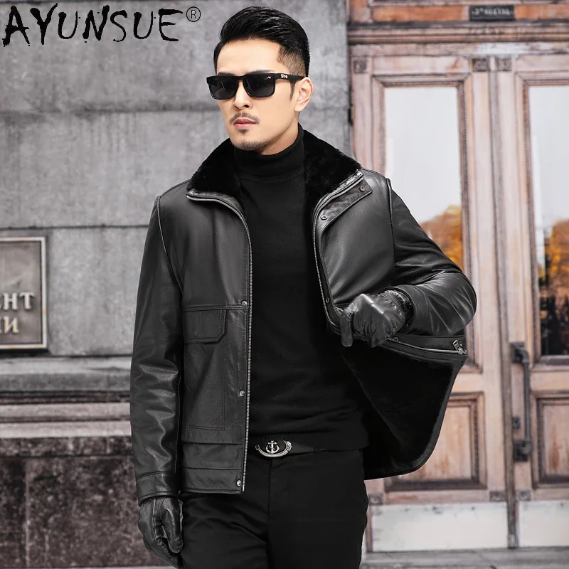 

AYUNSUE 2021 Winter 100% Genuine Cowhide Leather Jacket Men Real Wool Liner Coat Male Warm Fur Jackets Jaqueta Masculina Gxy780