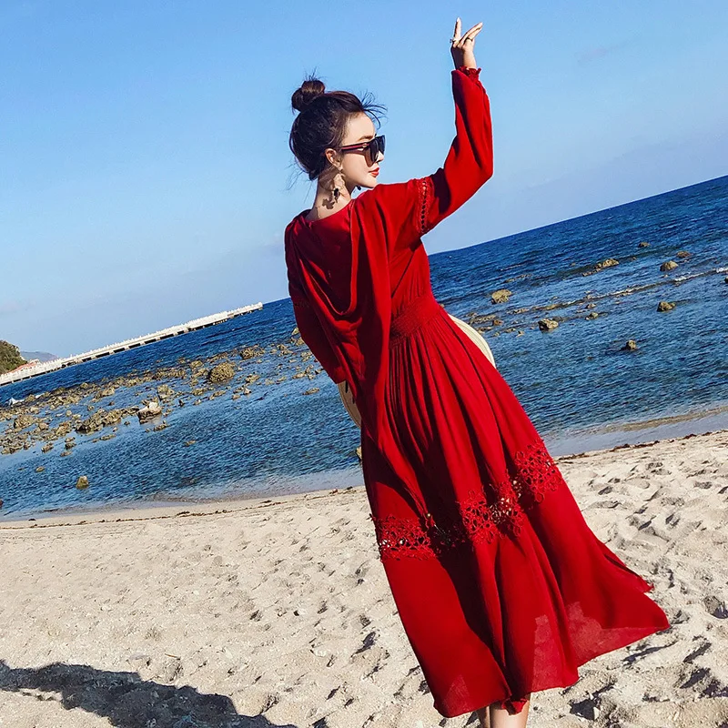 Imagem -05 - Elegante Red Beach Summer Dress Feriado Étnico Dividir Vestido Longo Retro V-neck Hooded Red Ribbon Dress para Mulheres 2023 Vestidos