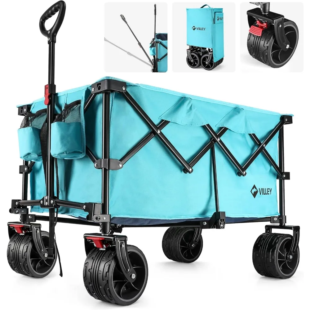 

Collapsible Folding Wagon with Big Wheels, All Terrain Beach Wagon Cart Heavy Duty Foldable, Enlarged 225lbs Capacity, Po